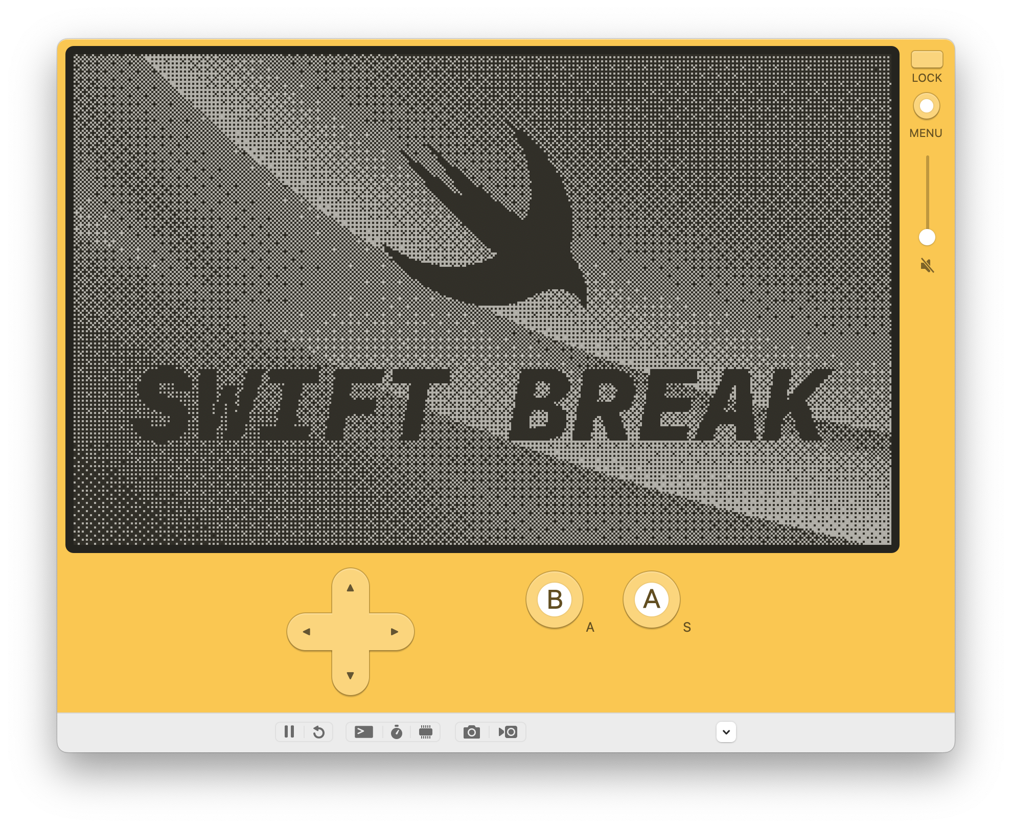 A screenshot of the Playdate Simulator with the Swift Break splash screen.