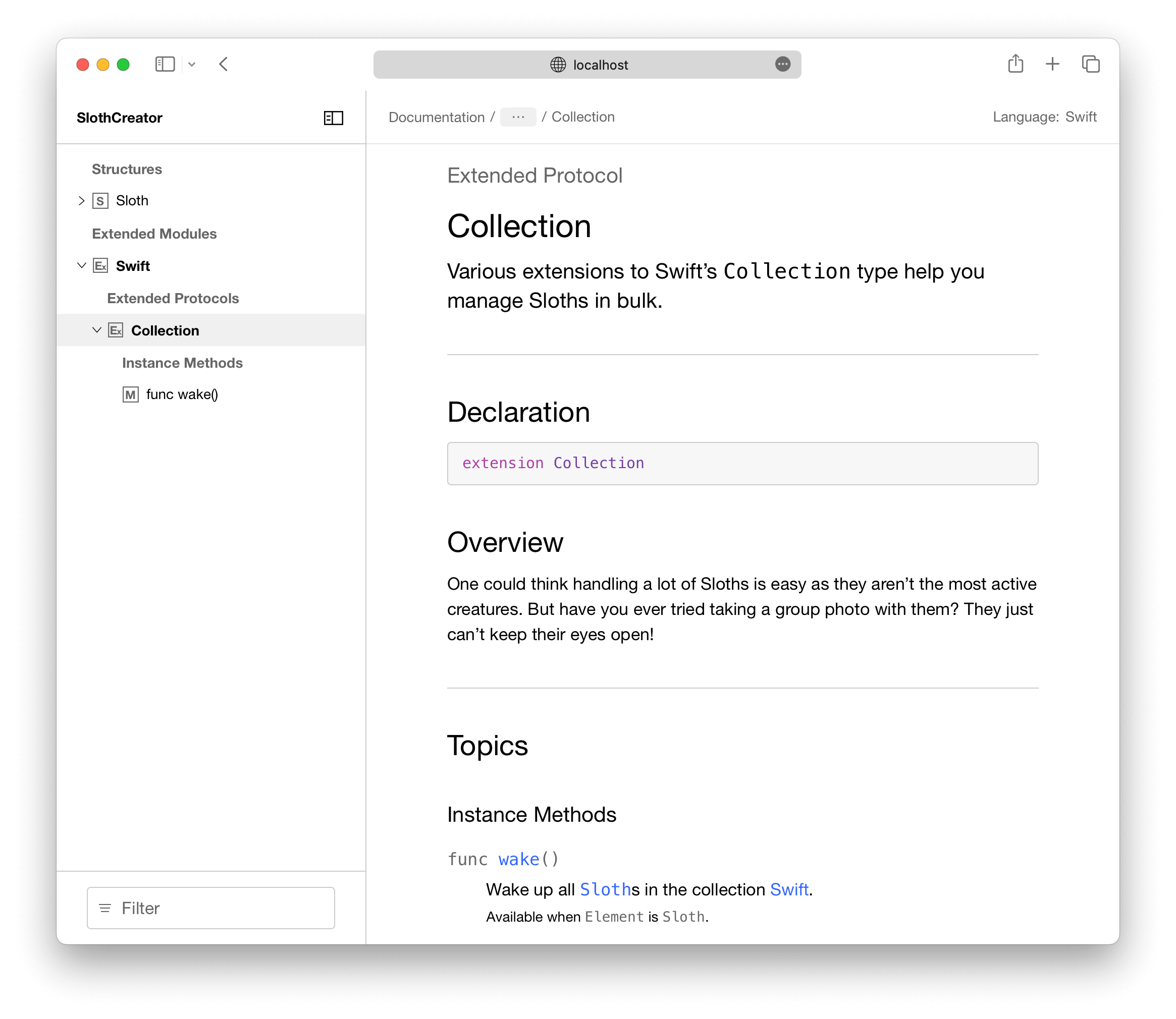 A documentation page featuring an extension to the standard library's Collection type.