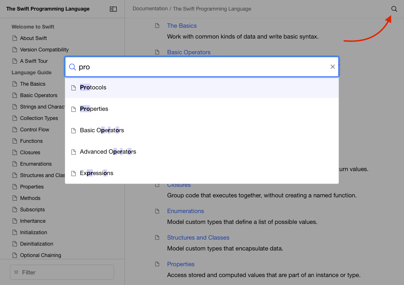A DocC documentation page showing a quick navigation overlay showing fuzzy documentation search