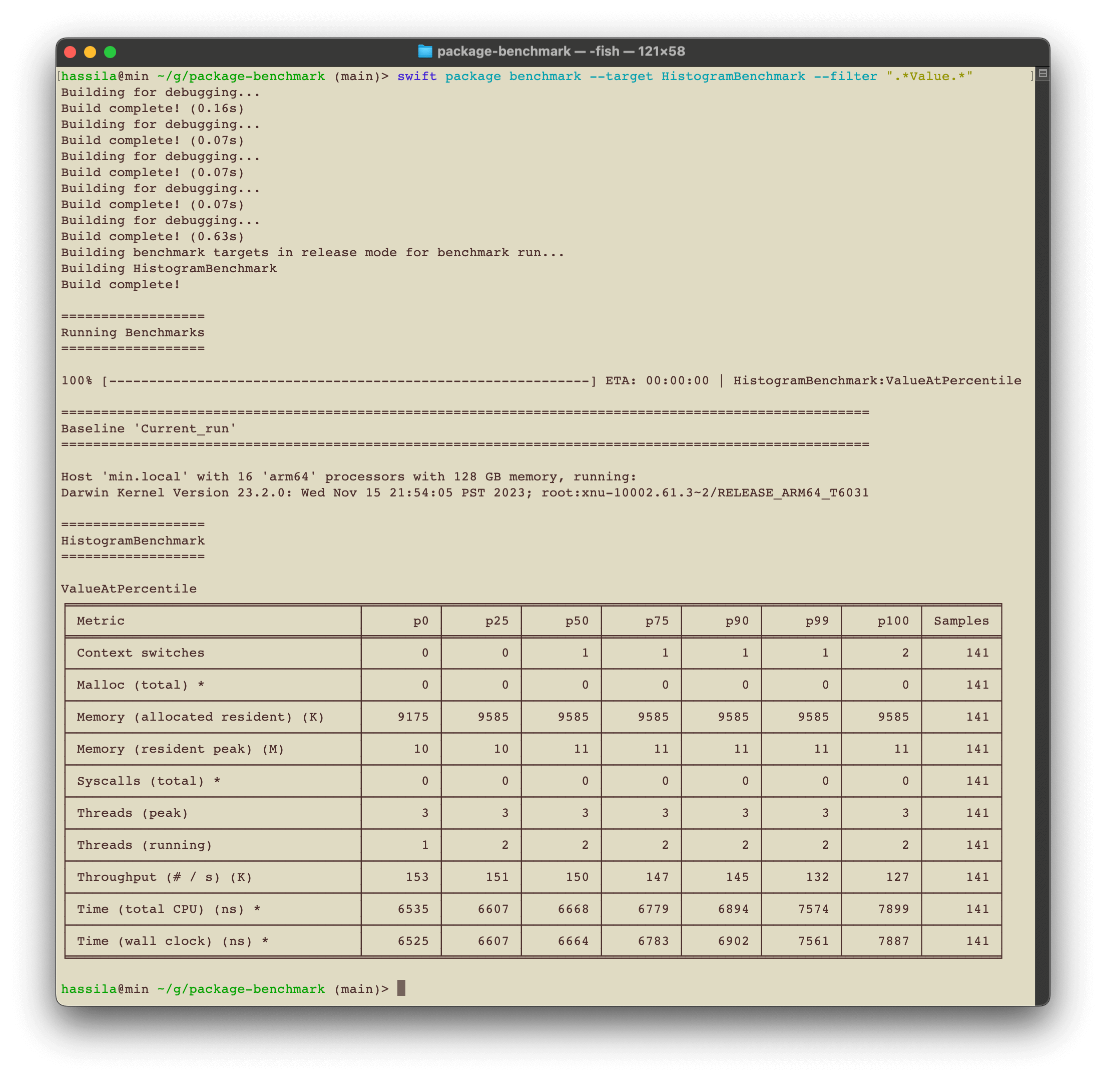 Sample text output for benchmarks