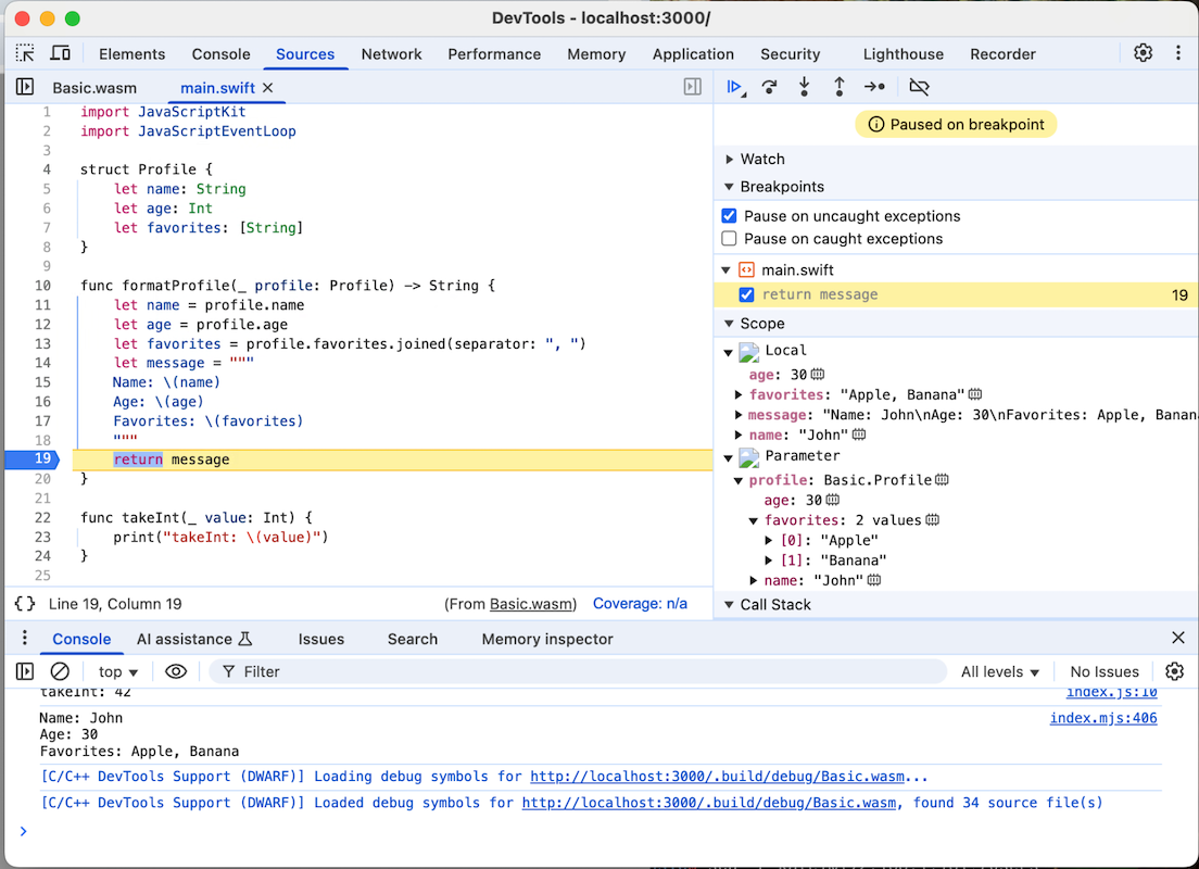 Chrome DevTools debugging Swift code compiled to WebAssembly, showing breakpoints, variable inspection, and call stack.