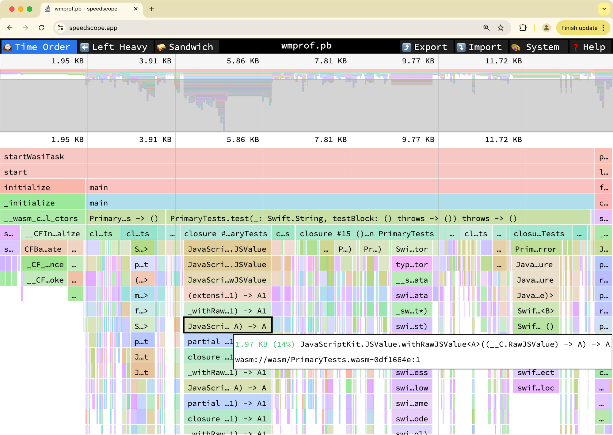 wasm-memprof performance profiling tool showing flame graph and memory allocation analysis for WebAssembly applications.