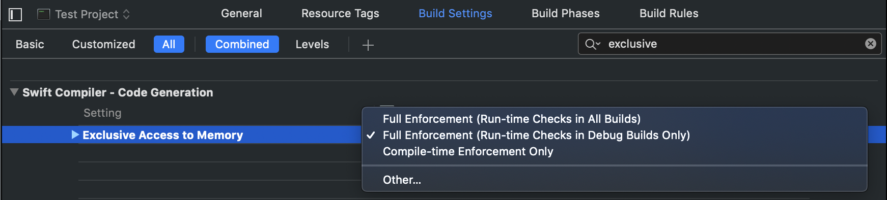 Xcode exclusivity build setting
