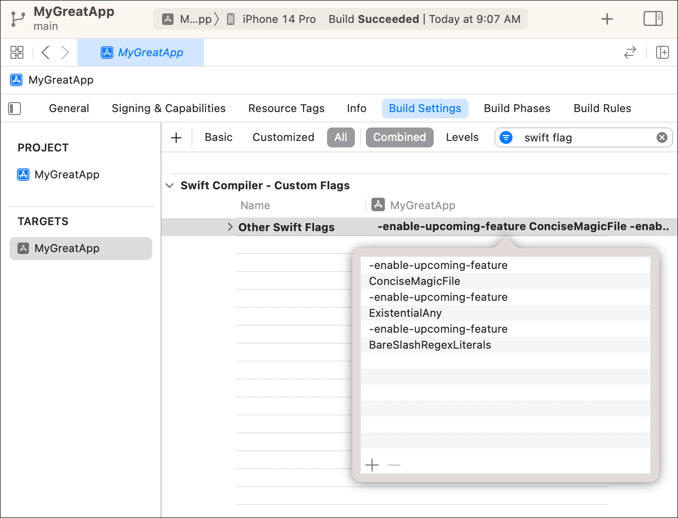 Screen capture of Xcode project editor with app target, Build Settings tab, and All scope bar button selected. Displaying the Other Swift Flags build setting and a popover showing the list of flags -enable-upcoming-feature, ConciseMagicFile,  -enable-upcoming-feature, ExistentialAny,  -enable-upcoming-feature, BareSlashRegexLiterals