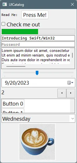 A screenshot of a GUI application written using Swift/Win32, showing various standard controls